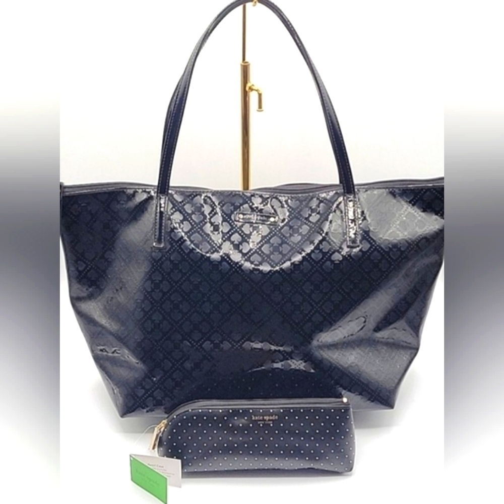 KATE SPADE Bundle Black Patten Leather Tote & NWT Pencil Case Black w/ Polka Dot